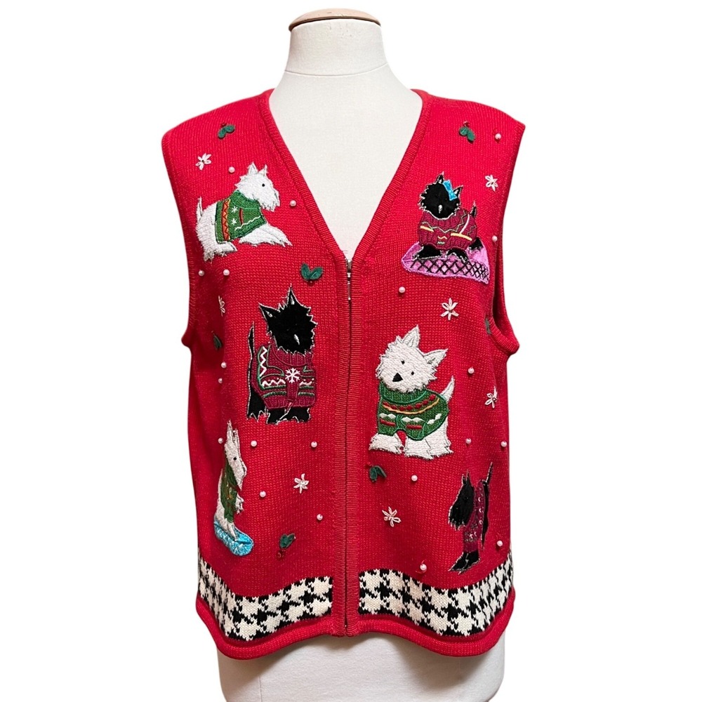 Designers Original Studio Joy Dog 3D Embroidered Winter‎ Button Vest XL Red Bead